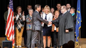 Dan Ridenour is pictured immediately after being sworn in by John Feick, Delaware County Circuit Court 4 Judge in ceremonies held at Muncie Central HS on December 28, 2019. Photo by: Mike Rhodes