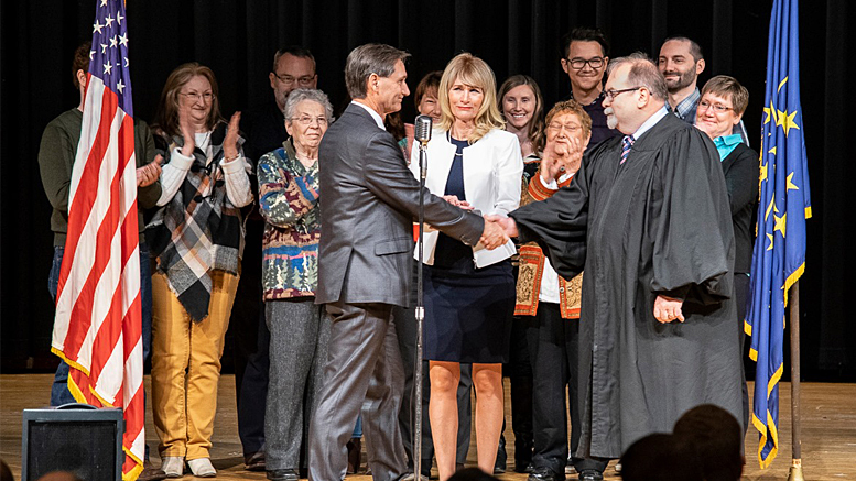 Dan Ridenour is pictured immediately after being sworn in by John Feick, Delaware County Circuit Court 4 Judge in ceremonies held at Muncie Central HS on December 28, 2019. Photo by: Mike Rhodes