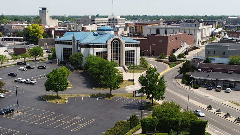 Aerial of Muncie City Hall in downtown Muncie. Photo by: Mike Rhodes