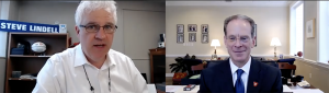 Steve Lindell and BSU President Geoffrey S. Mearns are pictured during today's zoom interview.