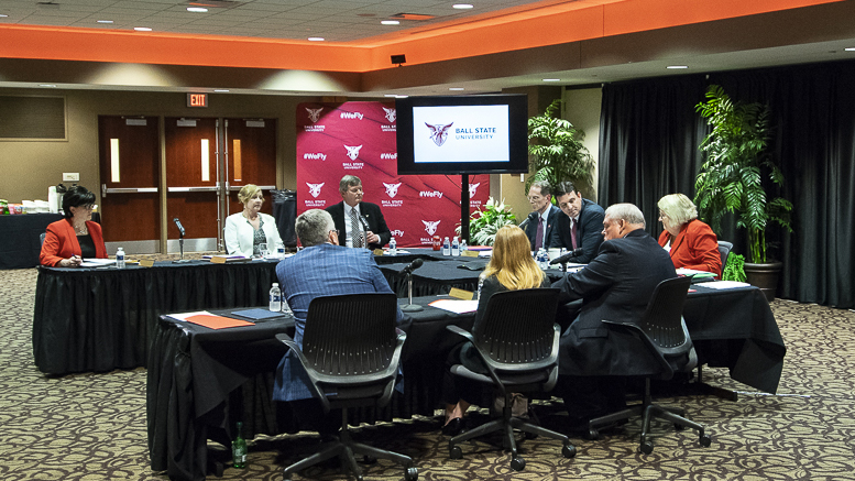 Ball State University Board of Trustees are pictured during the vote to pass the new resolution to appoint a new school board for MCS. Photo by Mike Rhodes.