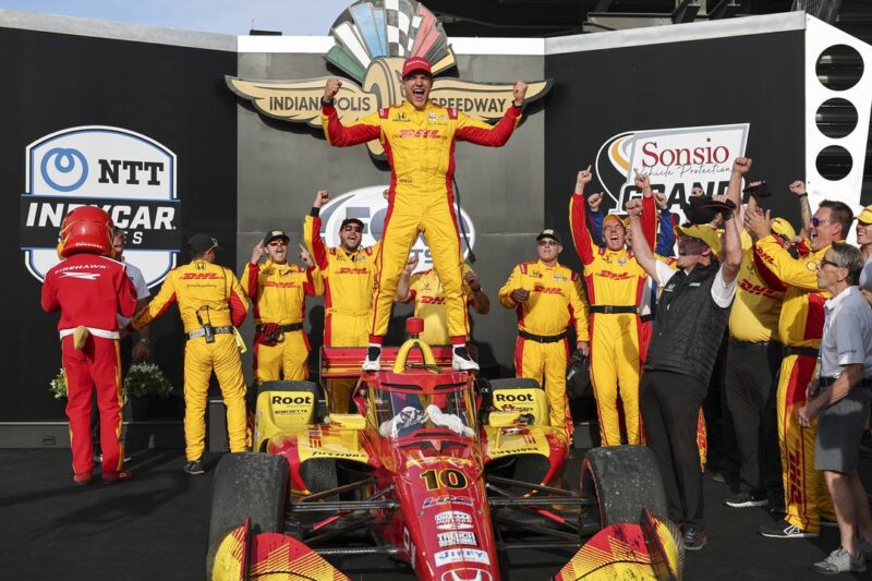 Chris Owens | IndyCar Alex Palou celebrates Saturday in Victory Lane after winning the Sonsio Grand Prix at Indianapolis Motor Speedway.